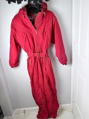 Vintage Red Powderhorn Women's Ski Snow Suit W/ Hood & Belt Size 10
